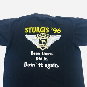 Vintage 90s Sturgis Camel Roadhouse Biker T Shirt Men's XL Black Graphic 1996